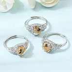 Brass Micro Pave Cubic Zirconia Finger Rings, Round with Butterfly, with Natural Gold Rutilated Quartz, Platinum, Flat Round: 8x8mm, US Size 7 1/4(17.5mm)(CU-CBA260E-18P)