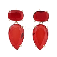 Glass Teardrop Dangle Stud Earrings, Light Gold Brass Earrings, Red, 41x16mm(EJEW-Q800-16A-KCG)