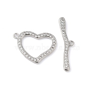 Brass Micro Pave Clear Cubic Zirconia Toggle Clasps, Heart, Real Platinum Plated, Heart: 17x22.5x2mm, Hole: 1.6mm, Bar: 7x29.5x2.5, Hole: 1.6mm(KK-P234-79P)