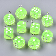 Transparent Epoxy Resin Pendants, with Platinum Plated Iron Loop, Dice, Pale Green, 23x19x19mm, Hole: 2mm(X-CRES-N025-12A-A06)