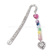 Flower Pattern Alloy Hook Bookmarks, Round & Heart Glass Beaded Bookmark with Charm, Heart, 124mm, Pendant: 100x20x8.5mm(AJEW-JK00250-03)