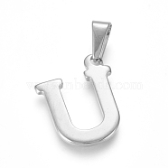 Non-Tarnish 304 Stainless Steel Pendants, Stainless Steel Color, Initial Letter.U, 20x16x1.8mm, Hole: 3x7mm(STAS-F106-95P-U-01)