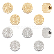10Pcs 2 Colors 304 Stainless Steel Beads, Flat Round with Saint Benedict Medal, Golden & Stainless Steel Color, 7.5x3mm, Hole: 2mm, 5pcs/color(STAS-UN0041-09)