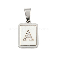 304 Stainless Steel Pave Natural White Shell Pendants, Rectangle with Letter Charms, Stainless Steel Color, Letter A, 17.5x12x1.5mm, Hole: 6x3mm(STAS-S130-03P-A)