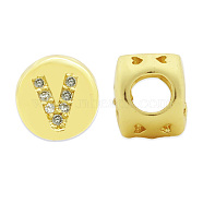 Brass Micro Pave Clear Cubic Zirconia Beads, Flat Round with Letter, Letter.V, 7.5x6.5mm, Hole: 3.5mm, 3pcs/bag(KK-T030-LA843-VX3)
