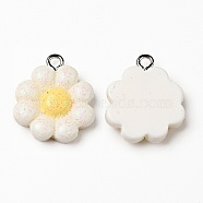 Opaque Resin Pendants, Flower Charm, with Glitter Powder and Platinum Tone Iron Loops, White, Flower Pattern, 20.5x17.5x5.5mm, Hole: 2mm(RESI-J023-13D)