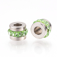 201 Stainless Steel Rhinestone Beads, Column, Stainless Steel Color, 7x5mm, Hole: 3mm(RB-R052-12)
