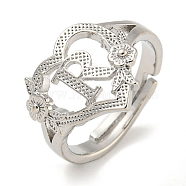 Heart with Letter & Flower Rack Plating Brass Adjustable Rings for Women, Lead Free & Cadmium Free, Platinum, Letter R, US Size 6(16.5mm)(RJEW-I105-05P-R)