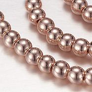 Electroplate Non-magnetic Synthetic Hematite Beads Strands, Round, Rose Gold Plated, 4mm, Hole: 0.5mm, about 104pcs/strand, 15.7 inch(G-P194-01-4mm-02)