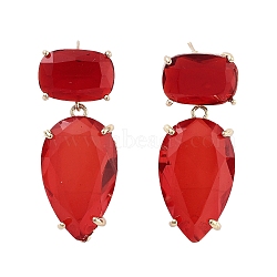 Glass Teardrop Dangle Stud Earrings, Light Gold Brass Earrings, Red, 41x16mm(EJEW-Q800-16A-KCG)