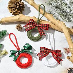 3Pcs 3 Colors Handmade Cotton Christmas Wreath Pendant Decoration, with Iron Bell, for Christmas Tree Hanging Ornaments, Mixed Color, 140~145mm, 1pc/color(HJEW-JM02702)