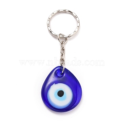 Teardrop Evil Eye Lampwork Keychain, with Platinum Plated Iron Split Key Rings, Royal Blue, 85mm(KEYC-JKC00228-02)