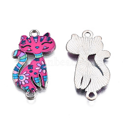 Printed Alloy Kitten Links connectors, with Enamel, Cartoon Cat, Platinum, Hot Pink, 29.5x16.5x2mm, Hole: 1.8mm(PALLOY-S118-14C)