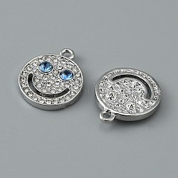 Alloy Rhinestone Pendants, Flat Round with Smiling Face Charms, Platinum, 19.5x16.5x3.5mm, Hole: 1.8mm(FIND-WH0110-451P)