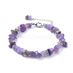 Natural Amethyst Chip Bracelets, with Flat Round Tibetan Style Alloy Spacers Beads and Stainless Steel Findings, 7-1/4 inch~7-3/8 inch(18.4~18.8cm)(BJEW-JB04489-02)