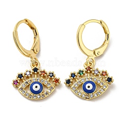 Evil Eye Real 18K Gold Plated Brass Dangle Leverback Earrings, with Enamel and Cubic Zirconia, Blue, 25.5x15mm(EJEW-A033-06G-01)