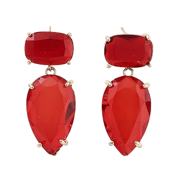 Glass Teardrop Dangle Stud Earrings, Light Gold Brass Earrings, Red, 41x16mm