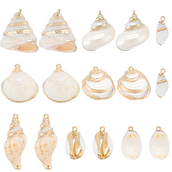 16Pcs 8 Styles Electroplate Shell Shapes Pendants, with Iron Findings, Mixed Color, 18~40x8~42x5~27.5mm, Hole: 1.2~1.8mm, 2pcs/style