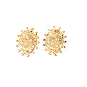 Ion Plating(IP) 304 Stainless Steel Stud Earring Findings, Earring Setting for Enamel, with Ear Nuts and Loops, Oval with Evil Eye, Real 14K Gold Plated, 19x15mm, Hole: 2mm, Pin: 0.7mm, Tray: 2mm