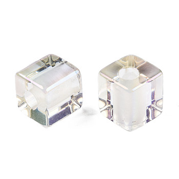 Transparent Resin European Beads, Pearl Luster Plated, Large Hole Beads, Cube, Clear, 16x15.5x15.5mm, Hole: 6mm