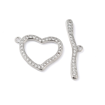 Brass Micro Pave Clear Cubic Zirconia Toggle Clasps, Heart, Real Platinum Plated, Heart: 17x22.5x2mm, Hole: 1.6mm, Bar: 7x29.5x2.5, Hole: 1.6mm