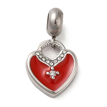 304 Stainless Steel Enamel European Dangle Charms, Large Hole Pendants with Crystal Rhinestone, Heart, Stainless Steel Color, FireBrick, 25mm, Pendant: 16x14x3mm, Hole: 4.5mm