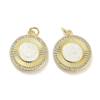 Brass Micro Pave Clear Cubic Zirconia Pendants, with Synthetic Opal and Jump Rings, Real 18K Gold Plated, Flat Round Charms, White, 20.5x18.5x3mm, Hole: 3mm