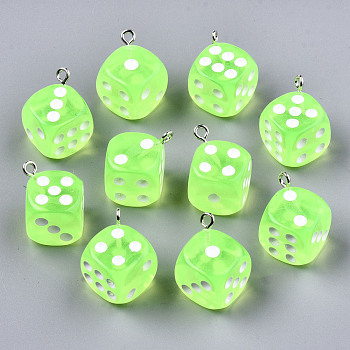 Transparent Epoxy Resin Pendants, with Platinum Plated Iron Loop, Dice, Pale Green, 23x19x19mm, Hole: 2mm