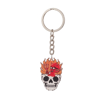 Printed Skull Acrylic Pendant Keychain, with Iron Keychain Ring, Platinum, 9.6cm