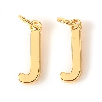 Brass Charms, with Jump Rings, Letter, Real 18K Gold Plated, Letter.J, J: 10x3.5x1mm, Hole: 2.5mm