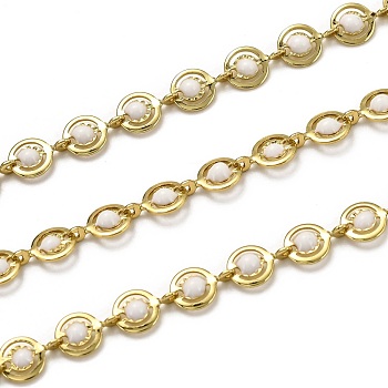 Brass Link Chains, with Enamel, Spool, Long-Lasting Plated, Unwelded, Flat Round, Golden, White, Links: 9x6x1.5mm