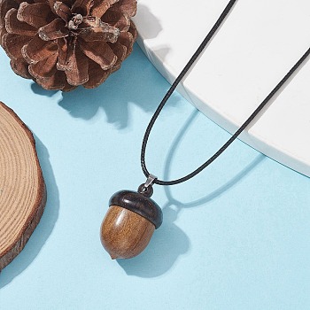 Acorn Shape Ebony Wood Locket Pendant Necklace with Wax Cords, Openable Storage Box Necklace for Women, Camel, 17.40 inch(44.2cm)