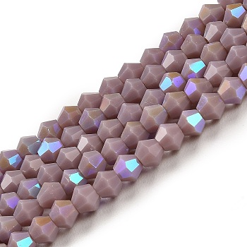 Opaque Solid Color Imitation Jade Glass Beads Strands, AB Color Plated, Faceted, Bicone, Medium Purple, 4x4mm, Hole: 0.8mm, about 82~85pcs/strand, 30.5~31cm