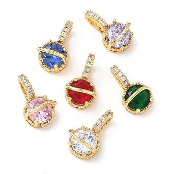Brass Micro Pave Cubic Zirconia Pendants, Round Charms, Real 18K Gold Plated, Mixed Color, 18x10.5x10mm, Hole: 5x3mm