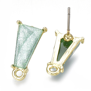 Alloy Stud Earring Findings, with Loop, Resin and Steel Pins, Trapezoid, Light Gold, Light Sea Green, 16x9mm, Hole: 1.6mm, Pin: 0.7mm