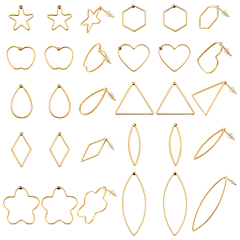Elite 40Pcs 10 Styles Brass Hollow Geometry Stud Earrings, 40Pcs Plastic Ear Nuts, Teardrop & Triangle & Hexagon & Rhombus & Star & Flower, Golden, 15~42x7.5~25mm, 4Pcs/style