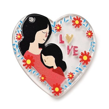 Mother's Day Printed Transparent Acrylic Pendants, Heart with Human, Red, 38x36.5x2.5mm, Hole: 1.8mm
