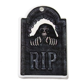 Halloween Themed Opaque Acrylic Pendants, Tombstone Charms, Black, 37.5~38x23.5~25.5x2mm, Hole: 2mm