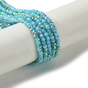 Electroplated Glass Beads Strands, Faceted, Half Plated, AB Color Plated, Round, Medium Turquoise, 2mm, Hole: 0.8mm, about 206pcs/strand, 14.57''(37cm)