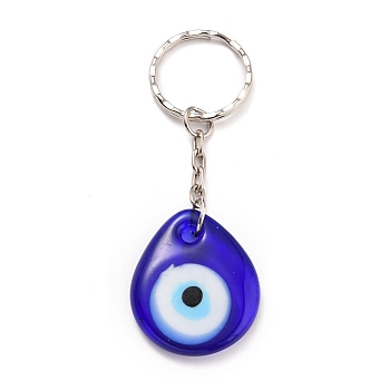 Teardrop Evil Eye Lampwork Keychain, with Platinum Plated Iron Split Key Rings, Royal Blue, 85mm