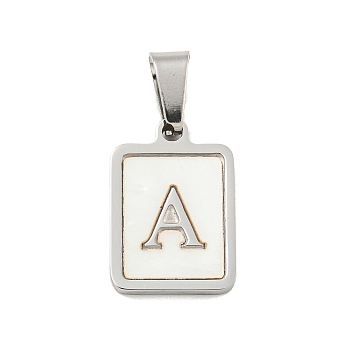 304 Stainless Steel Pave Natural White Shell Pendants, Rectangle with Letter Charms, Stainless Steel Color, Letter A, 17.5x12x1.5mm, Hole: 6x3mm