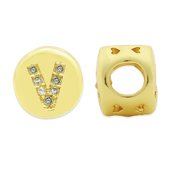 Brass Micro Pave Clear Cubic Zirconia Beads, Flat Round with Letter, Letter.V, 7.5x6.5mm, Hole: 3.5mm, 3pcs/bag