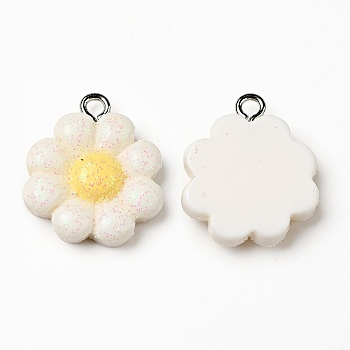 Opaque Resin Pendants, Flower Charm, with Glitter Powder and Platinum Tone Iron Loops, White, Flower Pattern, 20.5x17.5x5.5mm, Hole: 2mm
