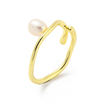 Brass Open Cuff Rings, with Natural Pearl, Real 14K Gold Plated, Inner Diameter: 18mm