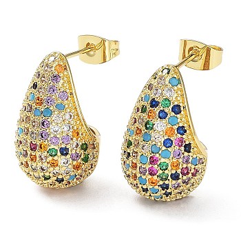 Cubic Zirconia Teardrop Stud Earrings, Real 16K Gold Plated Brass Earrings for Woman, Colorful, 20x12mm