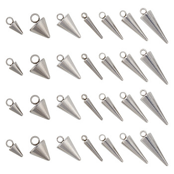 70Pcs 7 Style 304 & 201 Stainless Steel Pendants, Spike/Cone Charm, Stainless Steel Color, 6.5~18x2~7mm, Hole: 1~2mm, 10pcs/style