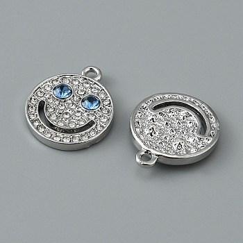 Alloy Rhinestone Pendants, Flat Round with Smiling Face Charms, Platinum, 19.5x16.5x3.5mm, Hole: 1.8mm