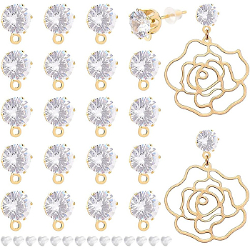 12 Pairs Flat Round Brass Clear Cubic Zirconi Stud Earring Findings, with 316 Surgical Stainless Steel Pins & Horizontal Loops & 50Pcs Plastic Ear Nuts, Long-Lasting Plated, Real 14K Gold Plated, 15.5x8x5.5mm, Hole: 1mm, Pin: 0.7mm