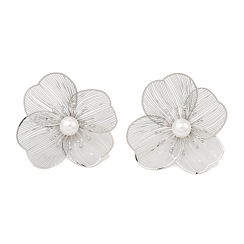 Flower Alloy Stud Earrings, with Imitation Pearl, Platinum, 59.5x50.5mm