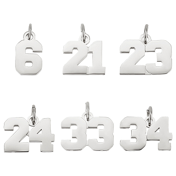 Unicraftale 6Pcs 6 Style 316 Surgical Stainless Steel Charms, with Jump Rings, Nember, Stainless Steel Color, 12~14x8~17x2mm, Hole: 4mm, 1pc/style 